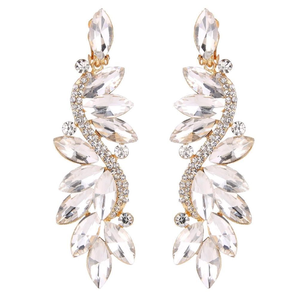 Yellow Gold with White Diamond Austrian Crystal Clip On Chandelier Earrings